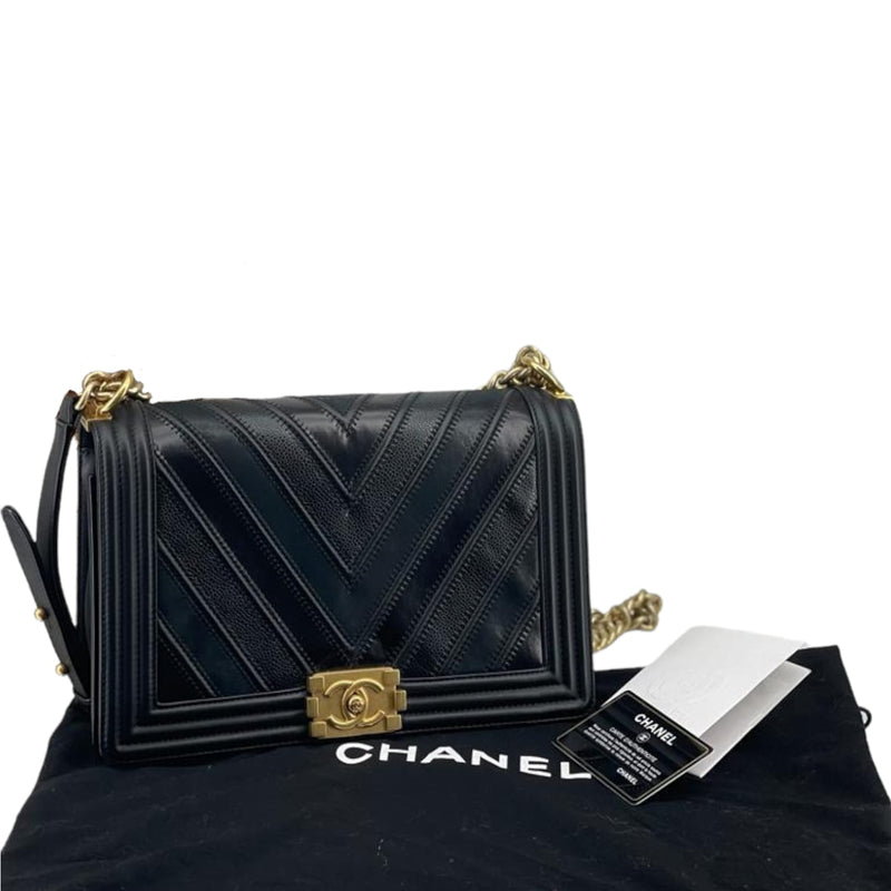 New Medium Chevron Boy Bag Mixed Leather Black GHW