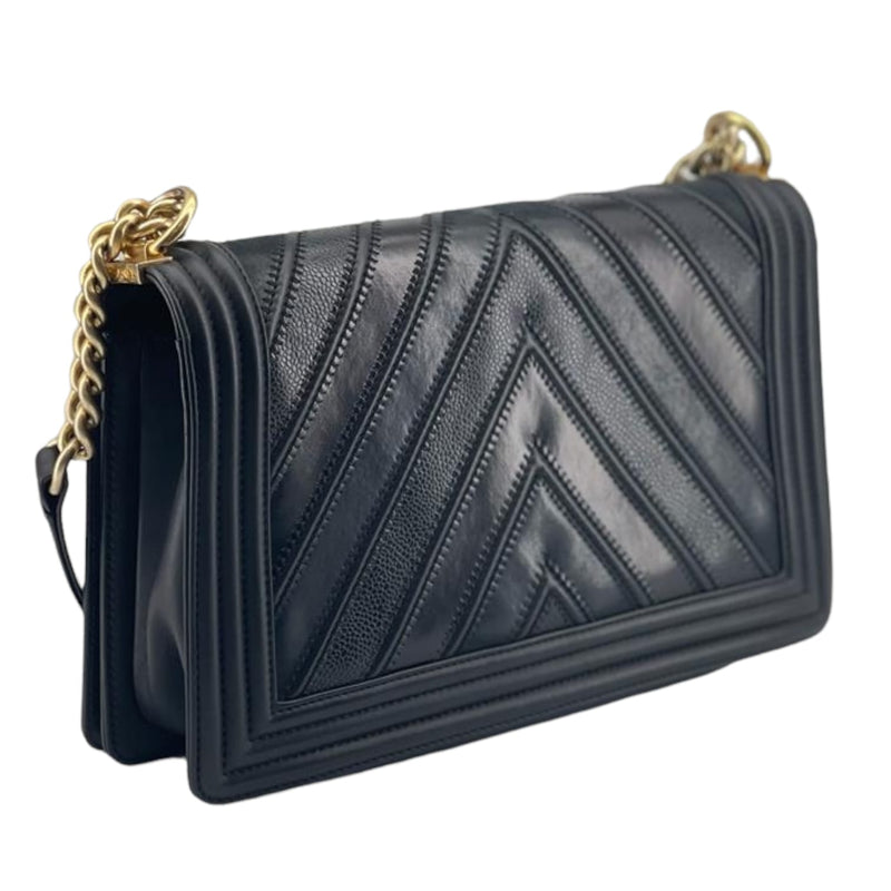 New Medium Chevron Boy Bag Mixed Leather Black GHW