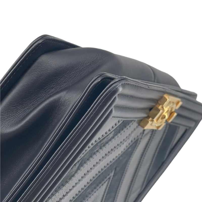 New Medium Chevron Boy Bag Mixed Leather Black GHW