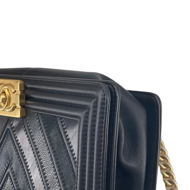 New Medium Chevron Boy Bag Mixed Leather Black GHW