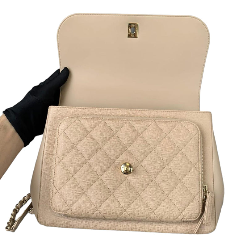 Large Business Affinity Flap Quilted Caviar Beige GHW
