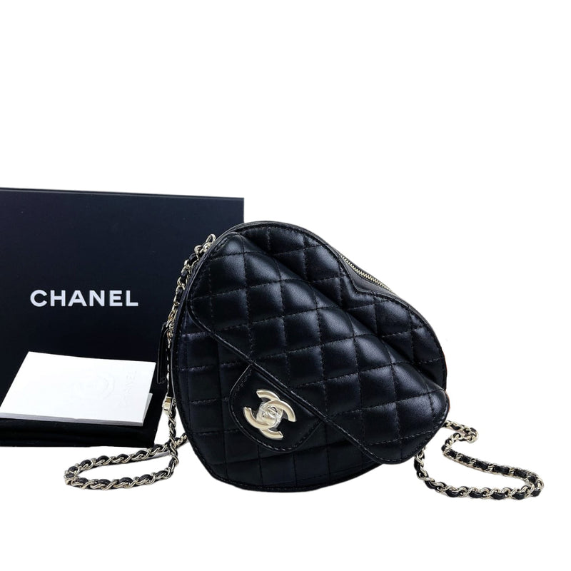 Chanel Mini Flap Bag With Heart CC Charm Black Lambskin Aged Gold