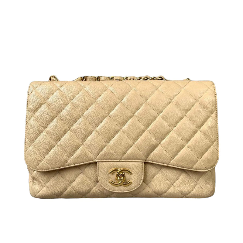 Jumbo Single Flap Caviar Beige GHW