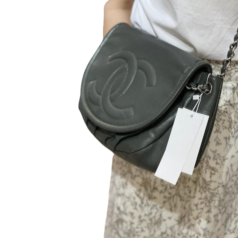 Large CC Round Flap Caviar Dark Grey SHW