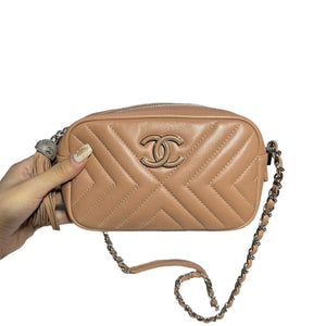 CC Tassel Camera Bag Chevron Calfskin Beige SHW