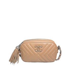 CC Tassel Camera Bag Chevron Calfskin Beige SHW