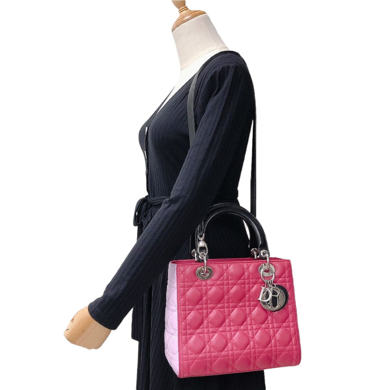 Medium Tri-Color Lady Dior Lambskin Black Dark and Light Pink SHW