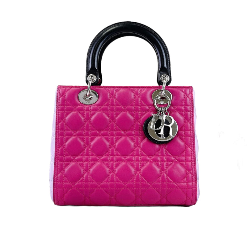 Medium Tri-Color Lady Dior Lambskin Black Dark and Light Pink SHW