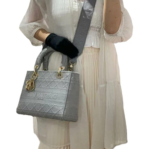 Medium Lady D-Lite  Canvas Embroidered Grey GHW