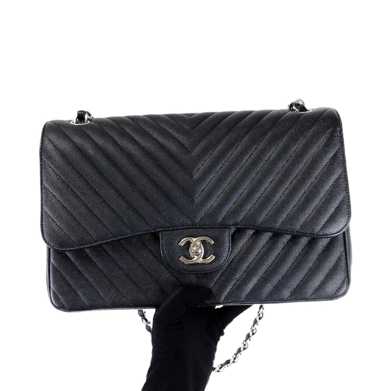Jumbo Classic Flap Caviar Black Chevron SHW