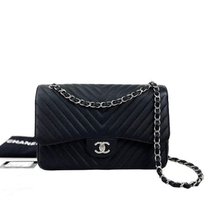 Jumbo Classic Flap Caviar Black Chevron SHW