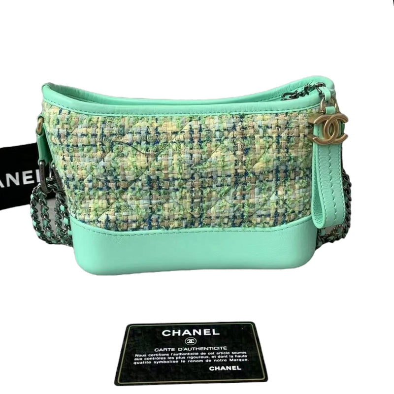 Chanel Tweed Calfskin Quilted Small Gabrielle Hobo Green