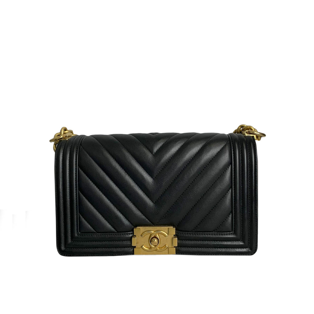 Medium Le Boy Chevron Quilted Calfskin Black GHW