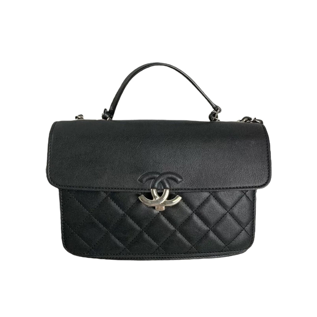 Large CC Box Flap Quilted Grained Calfskin Black SHW