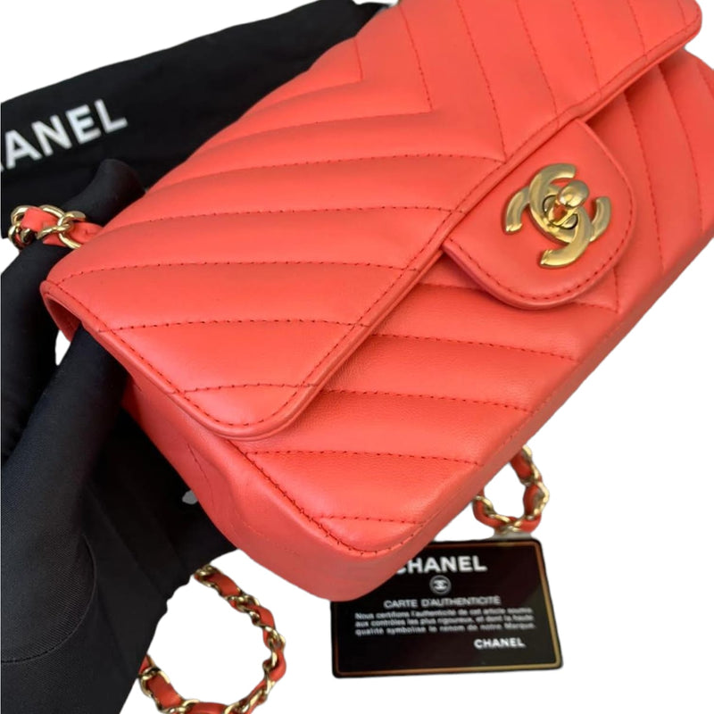 Mini Classic Flap Calfskin Chevron Red GHW
