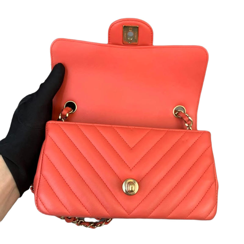 Mini Classic Flap Calfskin Chevron Red GHW