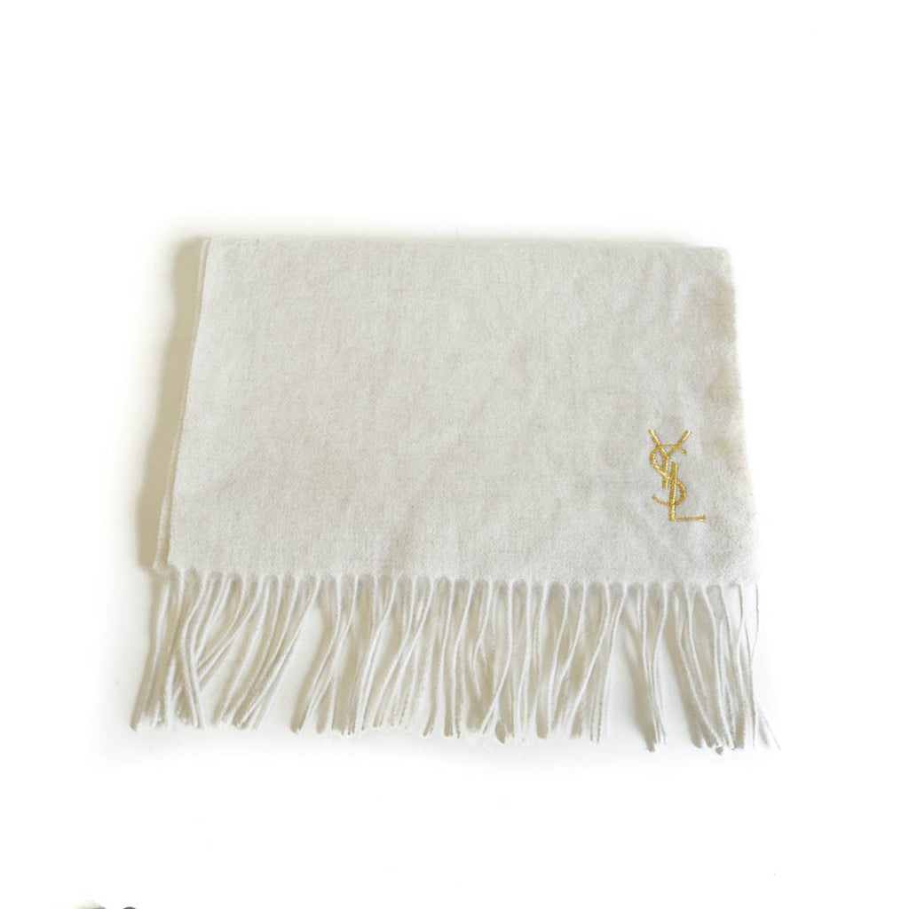 Pure Wool White Scarf with Gold YSL Monogram