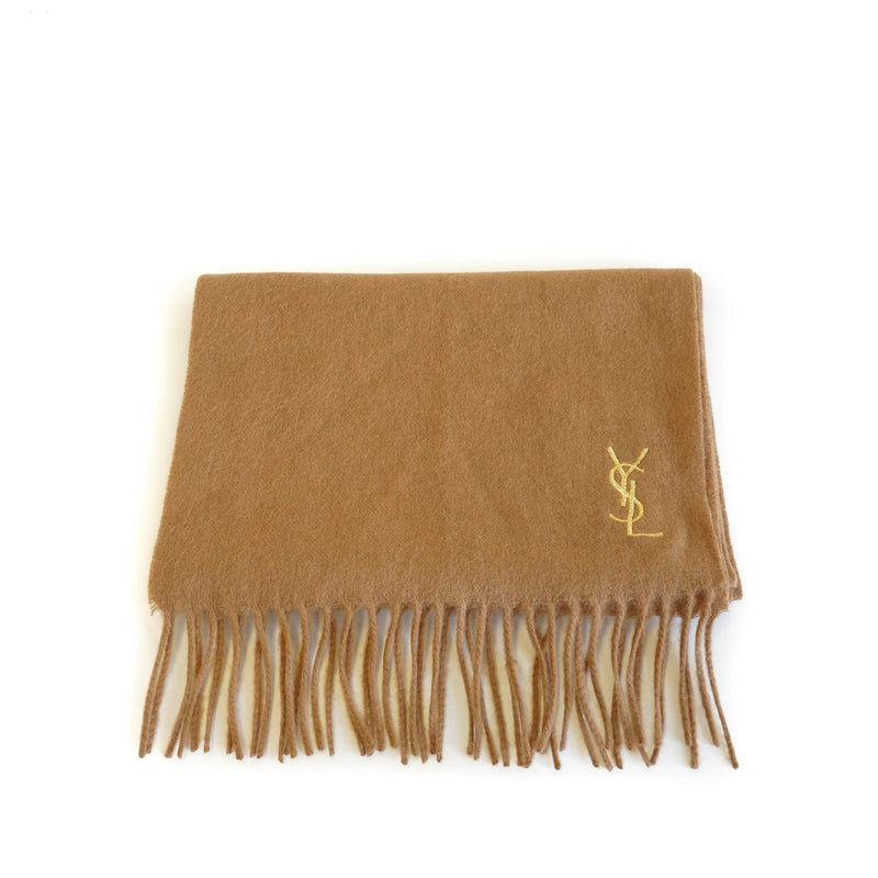 Pure Wool Scarf Tan with gold YSL monogram
