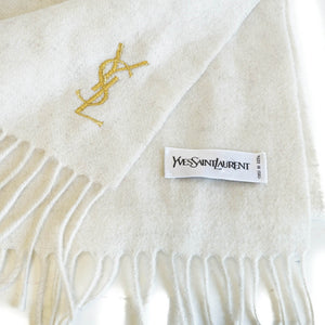 Pure Wool White Scarf with Gold YSL Monogram