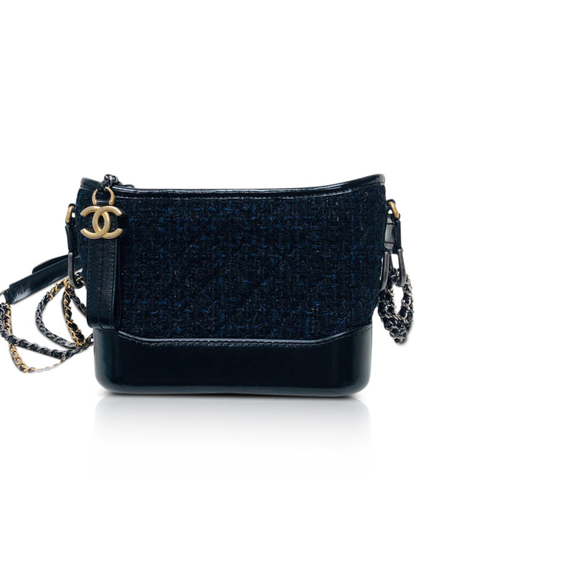 Chanel Black And Navy Tweed And Calfskin Large Gabrielle Hobo Gold