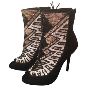 Peep-Toe Crystal Beaded Heel Boots