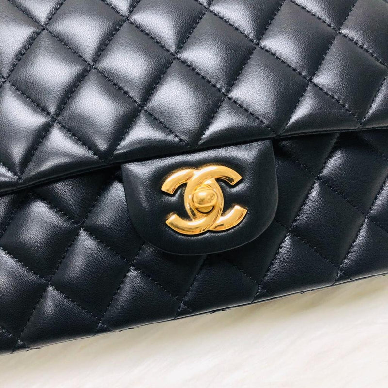 Chanel Classic M/L Medium Double Flap Black Lambskin Silver