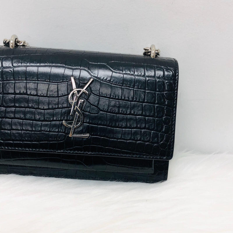 Mini Sunset Bag in Black Crocodile Embossed Leather