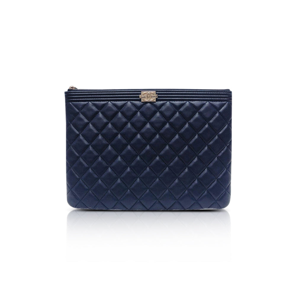 Lambskin O Case Quilted Navy Blue Large Boy Zip Pouch