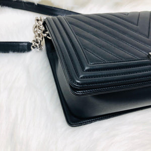 Le Boy Chevron Calfskin Flap Bag with Shiny Silver Hardware New Medium