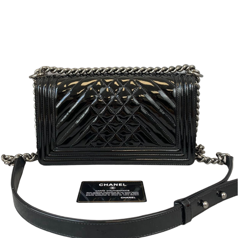 Chanel Accordion Pushlock Top Handle Flap Bag Black Patent Leather