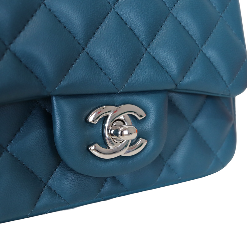 Authentic Cha nel , Classic Mini Rectangle 18B , Dark Turquoise Caviar ,  Silver Hardware Flap Bag, Series 26