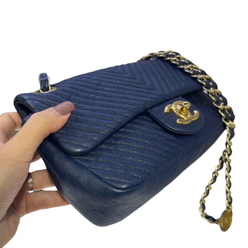 Chevron Flap Mini Lambskin Dark Blue GHW