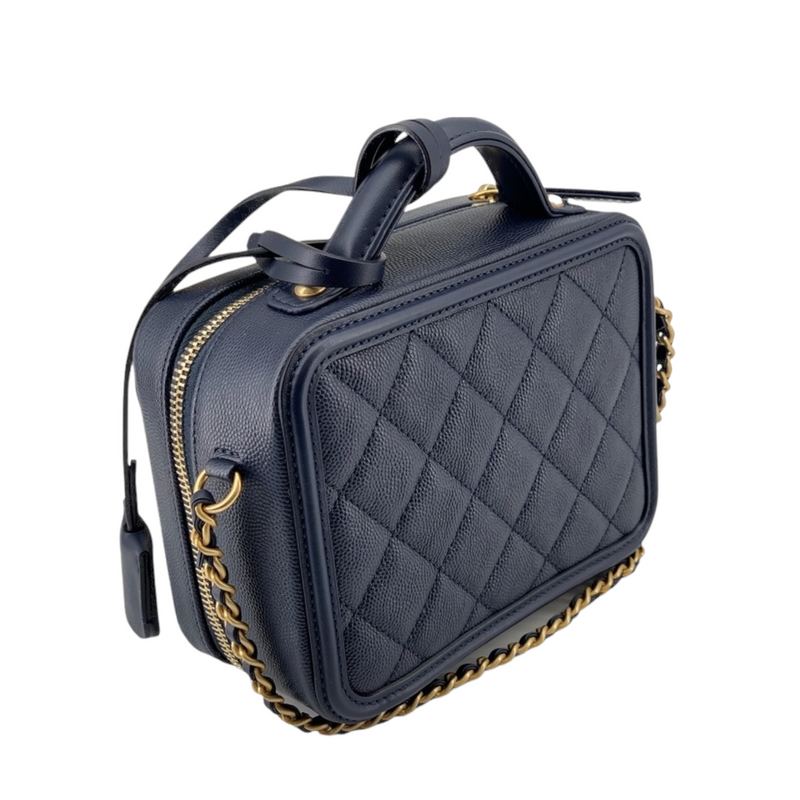 Chanel Medium Gray Part-Quilted Caviar CC Filigree Vanity Case