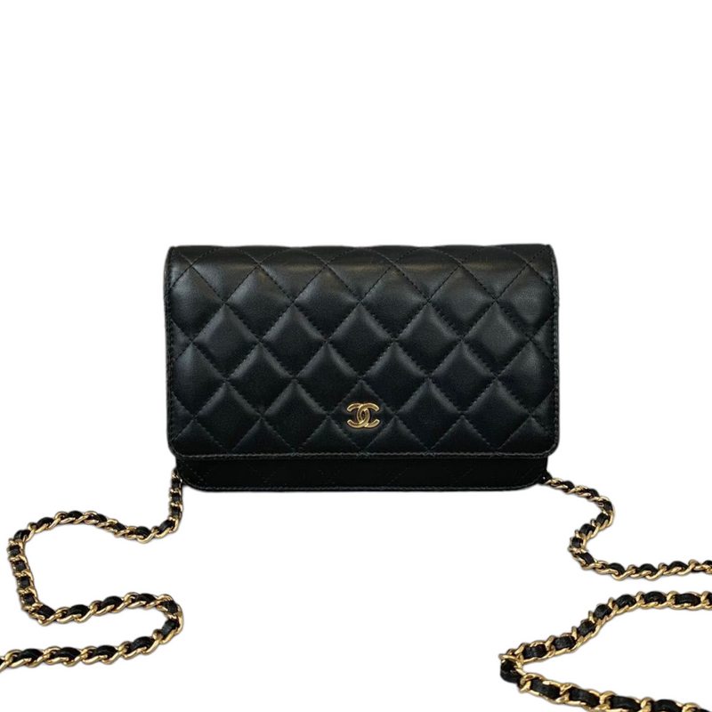 CHANEL CHEVRON WALLET ON CHAIN LAMBSKIN BLACK WITH GHW