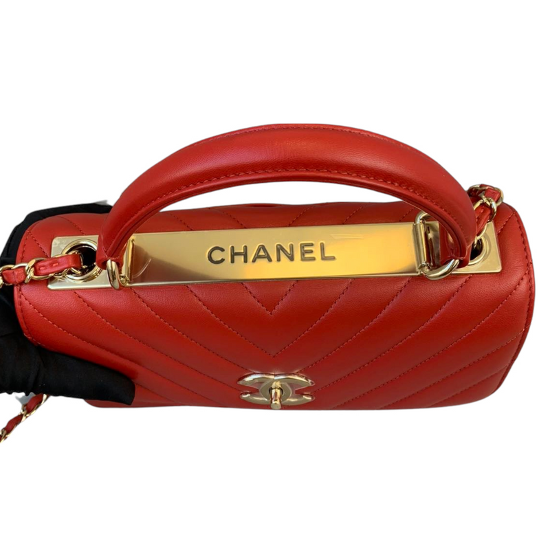 Small Trendy CC Chevron Lambskin Red GHW