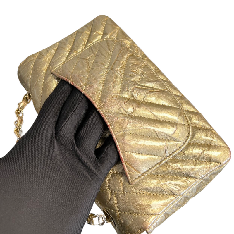 Mini Rectangle Chevron Metallic Crumpled Calfskin Gold GHW