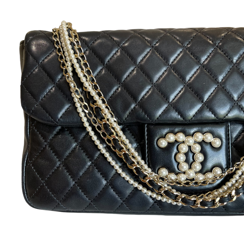 Chanel Medium Quilted Lambskin Leather Westminster Pearl Black Flap Bag Religion