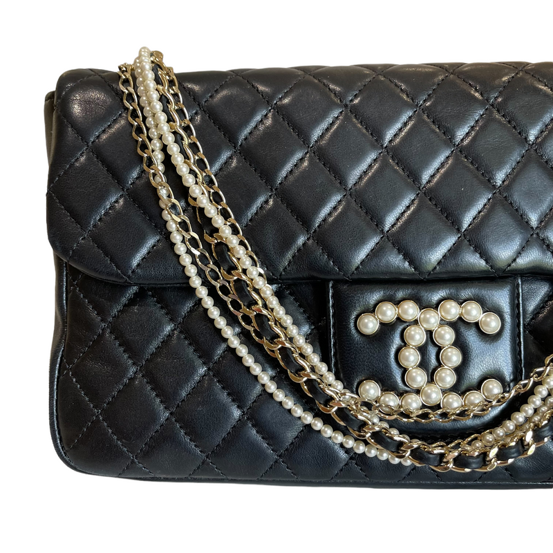 Pristine 19S Chanel Chic Pearls Quilted Flap Bag Black GHW