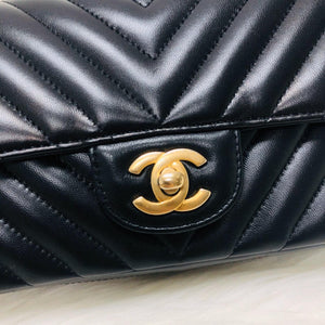 Mini Rectangular Chevron in Black Lambskin Leather with  GHW