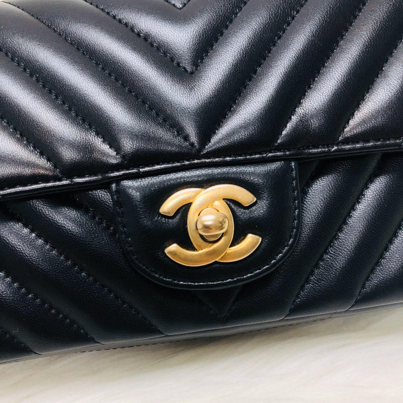 Mini Rectangular Chevron in Black Lambskin Leather with  GHW