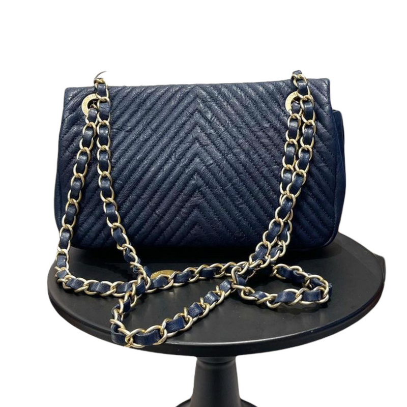 Chevron Flap Mini Lambskin Dark Blue GHW