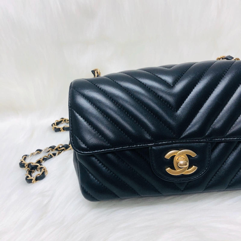 Mini Rectangular Chevron in Black Lambskin Leather with  GHW