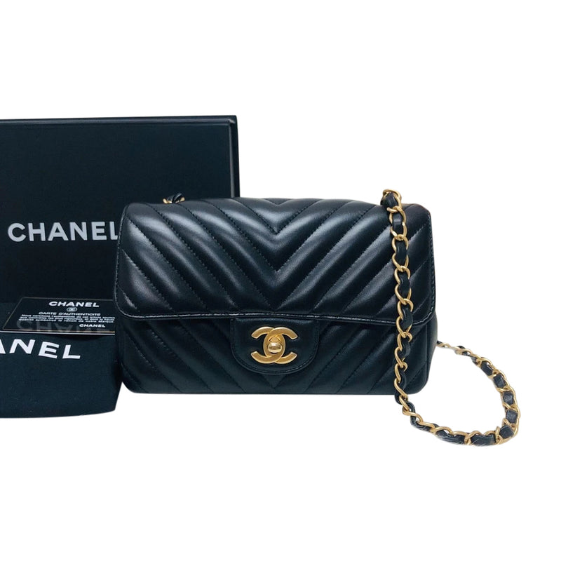Mini Rectangular Chevron in Black Lambskin Leather with  GHW