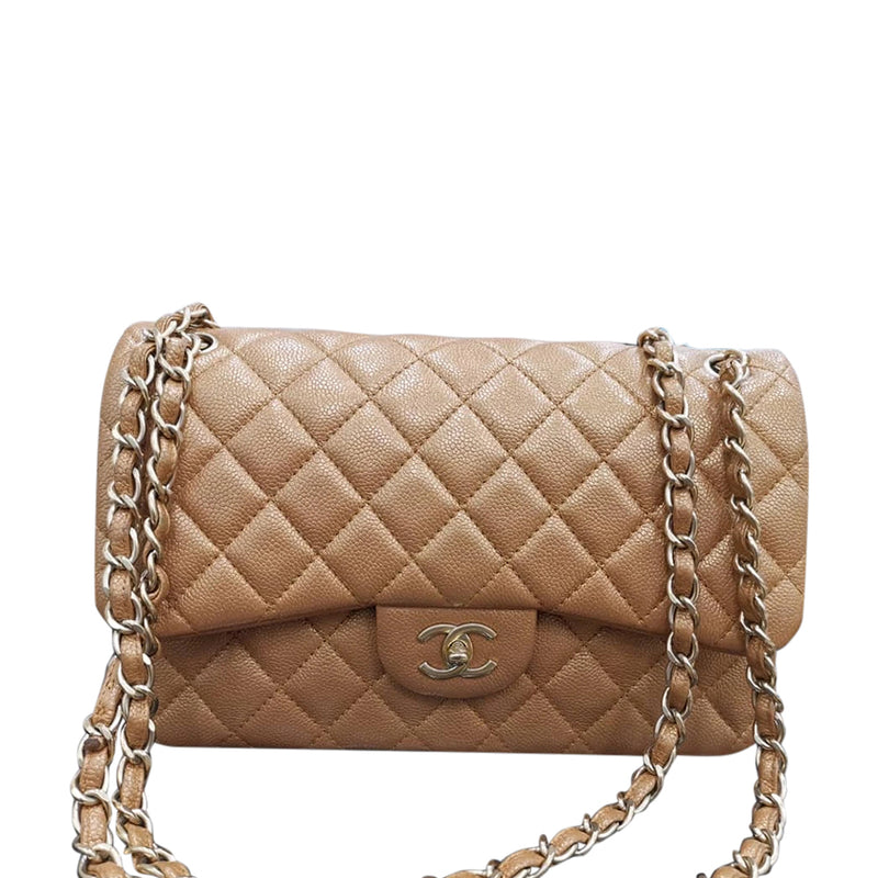 Jumbo Classic Double Flap Iridescent Dark Pearly Beige Caviar Leather with SHW