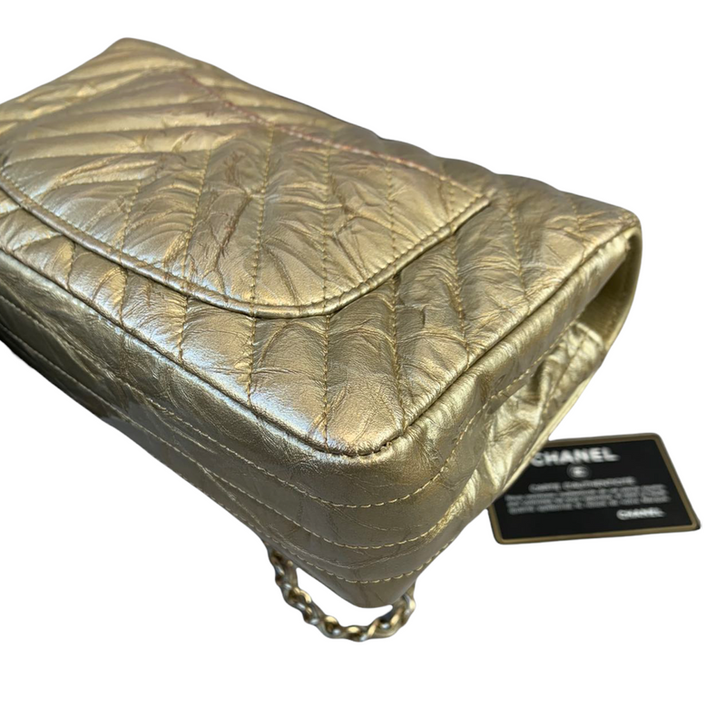 Mini Rectangle Chevron Metallic Crumpled Calfskin Gold GHW