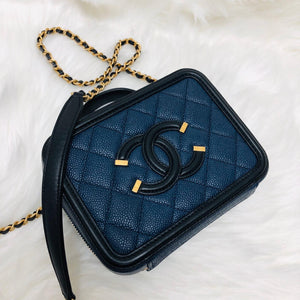 Small Caviar Quilted Filigree Vanity Case Blue/Black