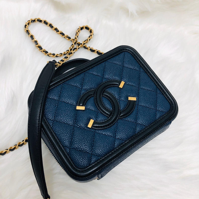 Small Caviar Quilted Filigree Vanity Case Blue/Black