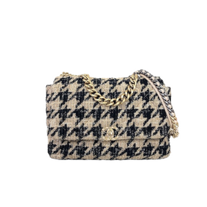 Maxi Chanel 19 Houndstooth Tweed 19K Beige Black Flap Bag