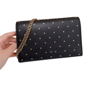 Star Printed Wallet On Chain Leather Black GHW