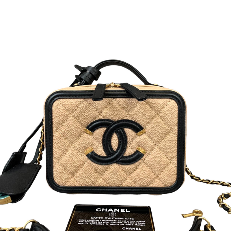 Chanel White & Black Caviar Leather Small CC Filigree Vanity Case, Lot # 58001